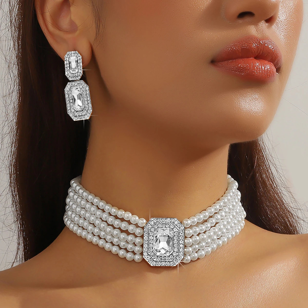 Rectangular Gemstone Earrings Pearl Necklace Set for Women Vintage Multi-layered Pearl Necklace Drop Earrings 250815