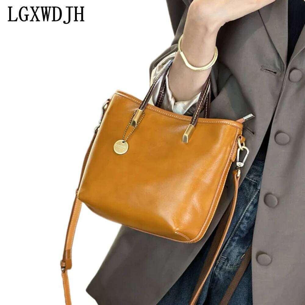 Plant First-Layer Cowhide Retro Women's Shoulder Bag European And American Kitten Crossbody Bags For Women Bucket Type Handbags
