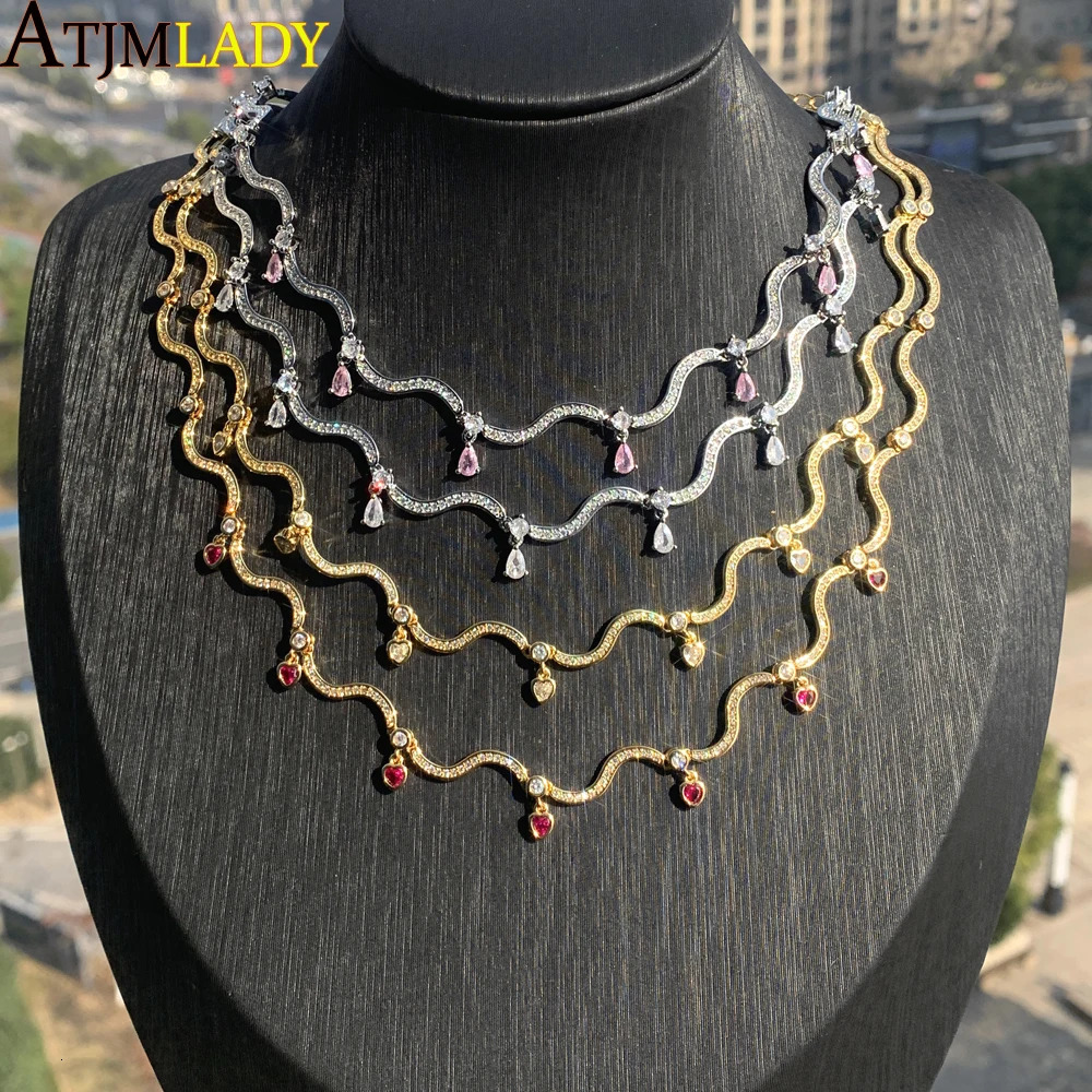 Fashion White Pink Tear Drop Cubic Zirconia Micro Pave CZ Paved Bling Wave Bar Heart Charm Choker Necklace Women Jewelry 250815