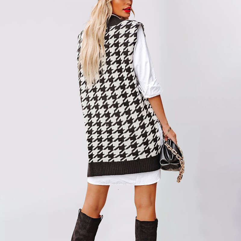 Autumn Winter New Women's Clothing Loose V-Neck Houndstooth Knitted Sweater Sleeveless Vest Waistcoat B5