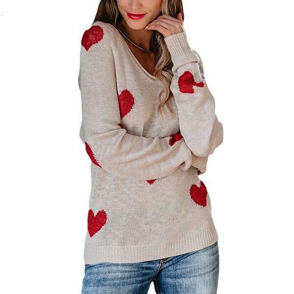 Autumn Winter New Temu Loose Heart Valentine's Day V-Neck Women's Pullover Sweater B5