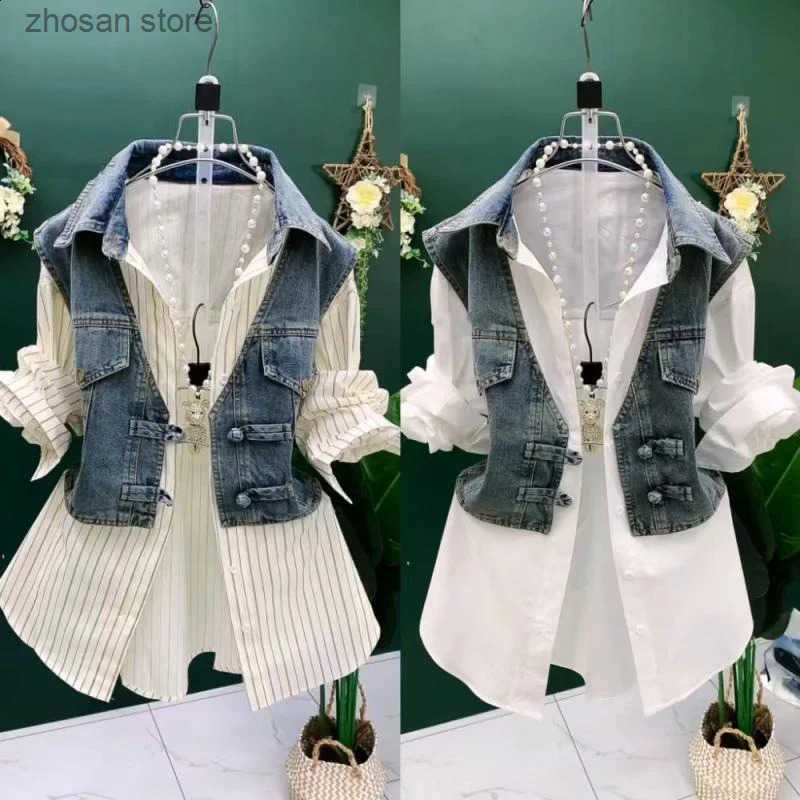 Fashion Striped Denim Jacket Women Spring Summer Plate Button Sense Stitching Waistcoat Shirt Chic Top 250228 S250819