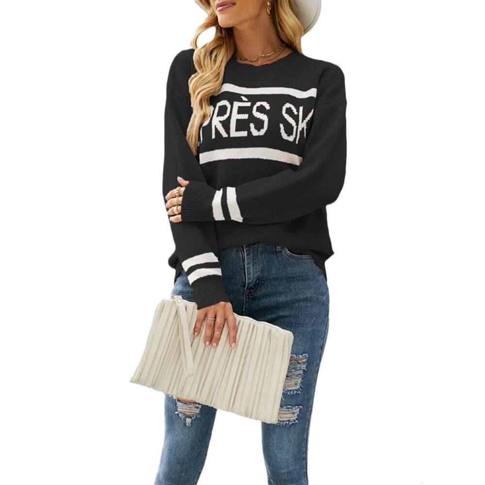 New Autumn Winter Temu Round Neck Letter Jacquard Casual Women's Knitted Sweater B5
