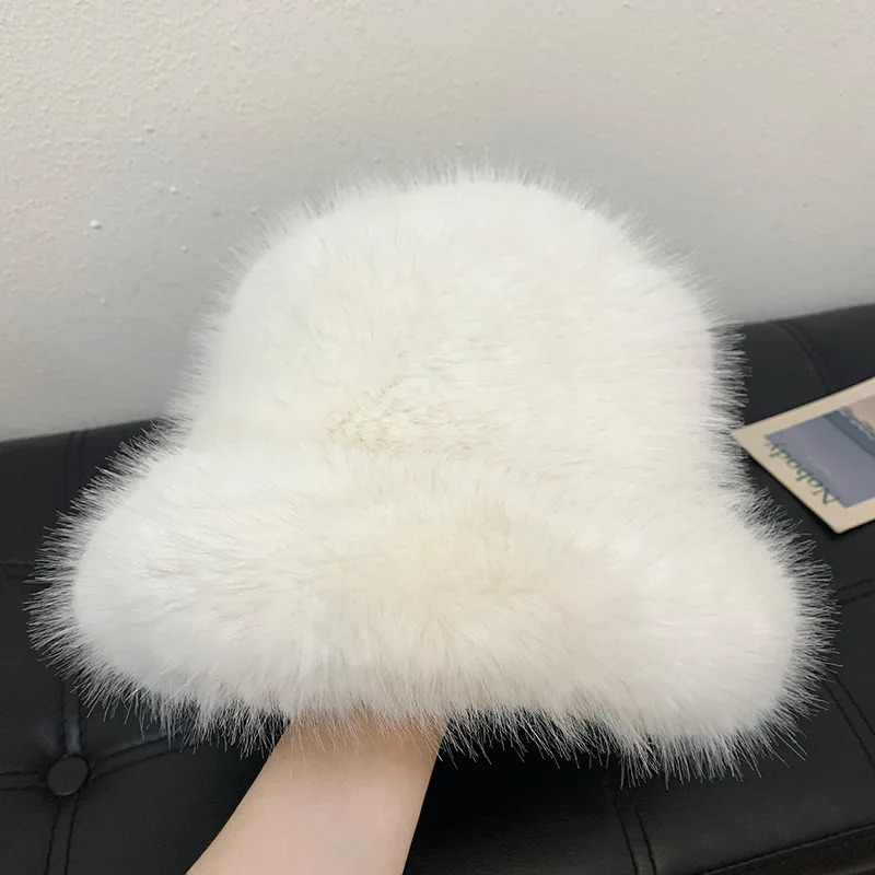 Fluffy Faux Fur Bucket Hat Rabbit Fur Warm Thick Plush Winter Hat Lady Fashion Panama Furry Fisherman Cap Y2k 250819
