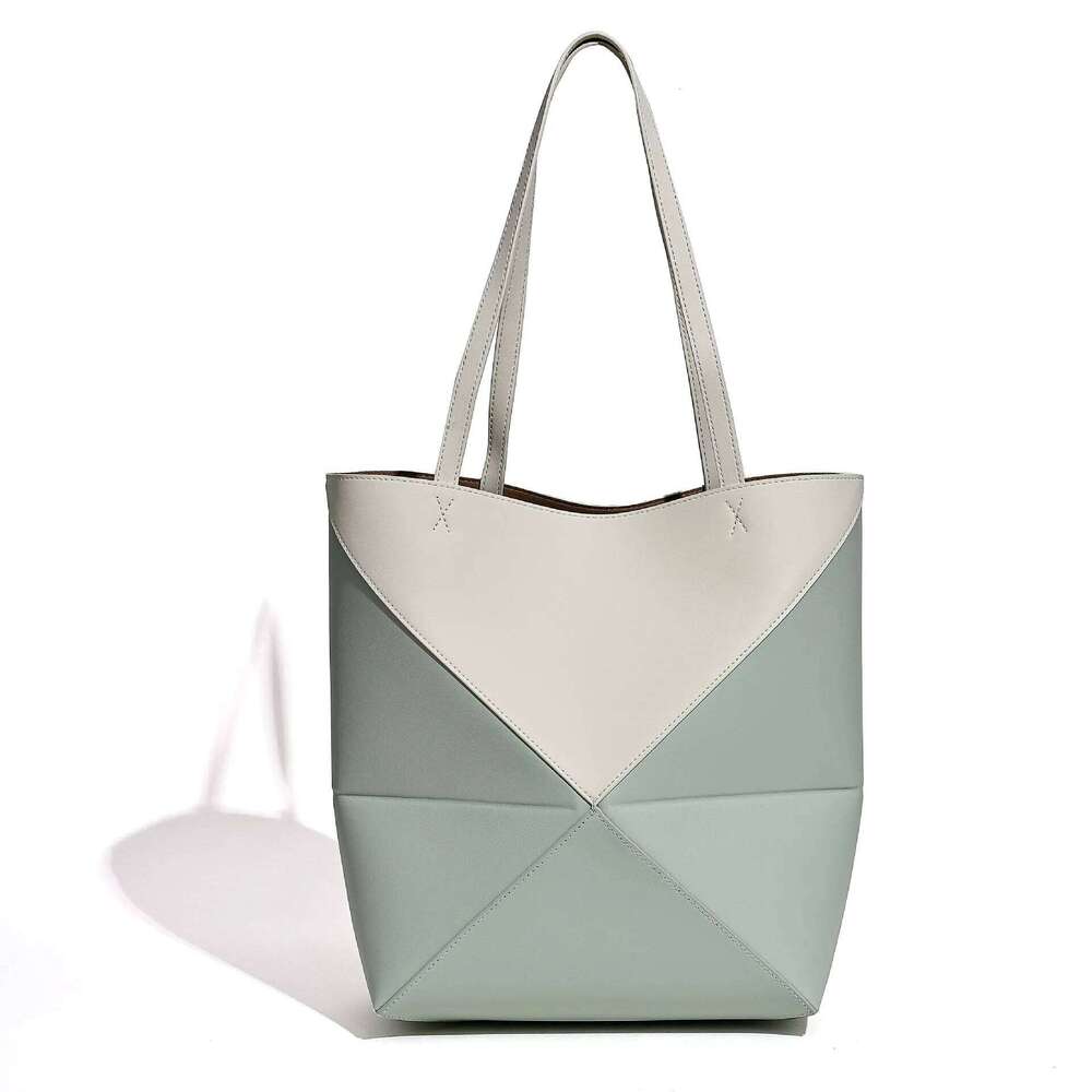 Cowhide Geometric Folding Tote 2025 New Niche Design Genuine Leather Large Capacity Handbag Color Block Women's Shoulder Bag