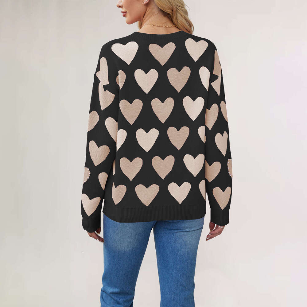 Winter New Valentine's Day Heart Peach Pullover Round Neck Handmade Beaded Craft Knit Sweater B5