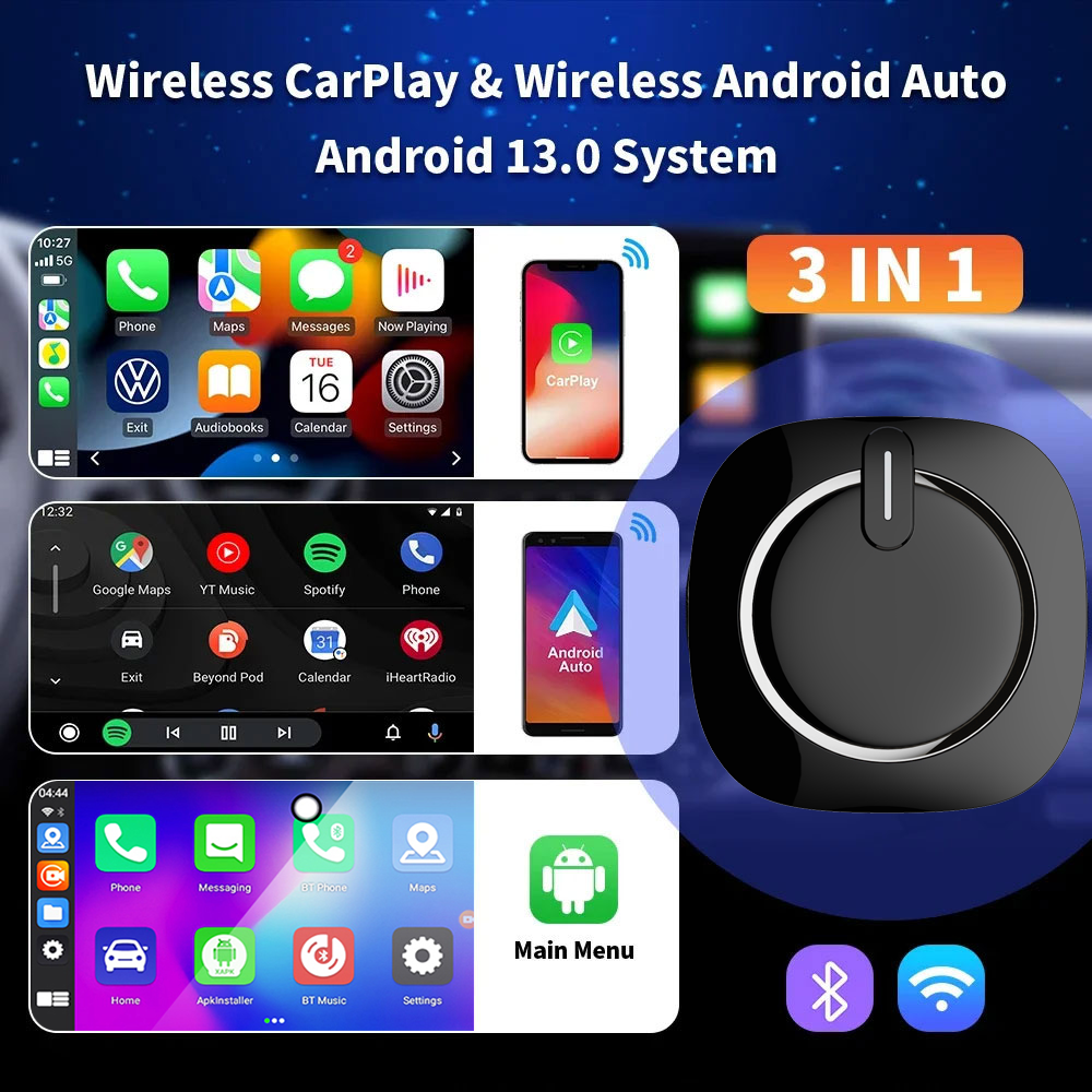 Kowankit Wireless Carplay Android Auto AI Box, Plug & Play Fits Cars, 2in1 Android 13 4+64GB Car Play Adapter, QCM6225, No Delay, USB-Powered, Battery