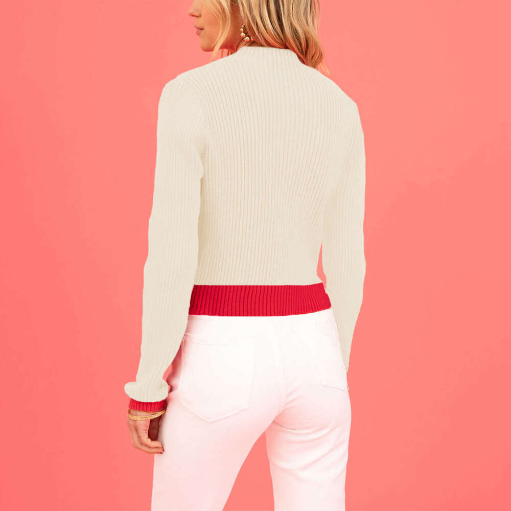 Autumn Winter Valentine's Day High Neck Color Block Heart Peach Slim Fit Women's Knitted Sweater B5