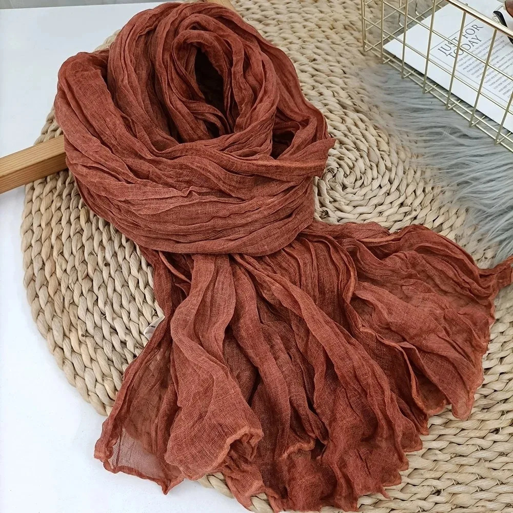 Cotton Linen Scarf Solid Color Female Literary Texture Fold Length Spring Autumn Winter Shawls Thin Fried Dough Twists Ethnic 250818