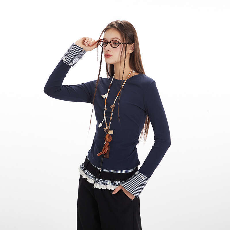 Waist-Cinching Ruched Patchwork Design Top For Women, Niche Early Spring And Autumn Color-Block Slimming T-Shirt B5