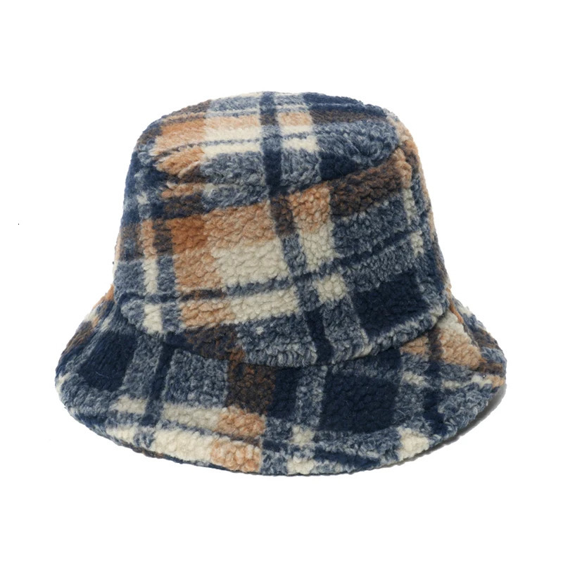 FOXMOTHER Winter Panama British Style Outdoor Lamb Warm Thicken Fluffy Green Tartan Plaid Bucket Hats For Men 250819