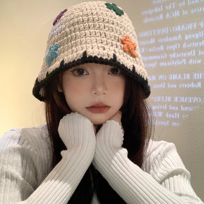 Knitted Fisherman Hat for Women In Autumn And Winter Korean Version Handmade Woolen Hat Big Head Water Bucket Hat 250819