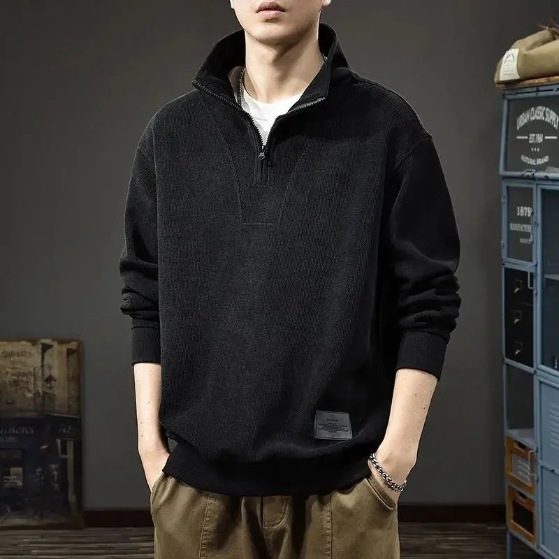 Autumn and Winter Spliced sweatshirt Mens Retro Long-sleeved Polo Shirt Loose Half Zipper Stand Collar T-shirt 250818