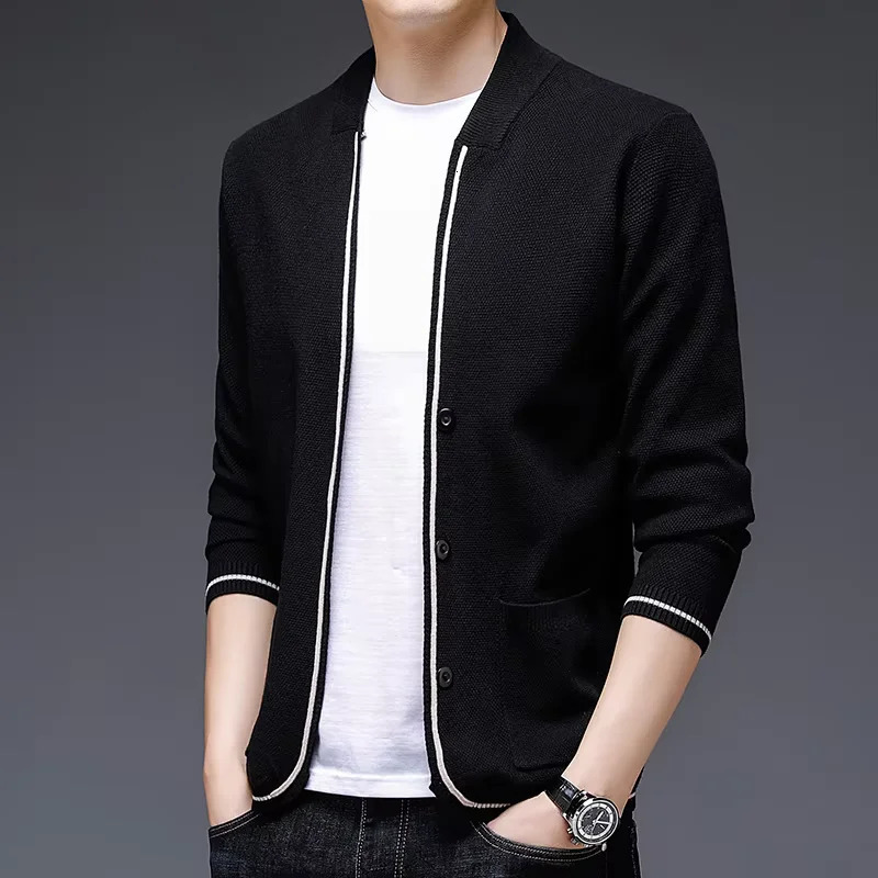 High quality long sleeve mens knitted cardigan autumn winter fashion Korean style pocket slim fit shawl casual sweater coat 250819