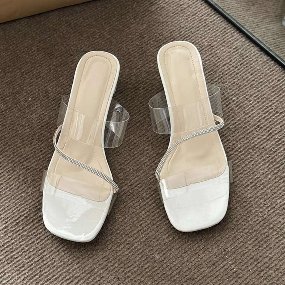 French Style Women's Sandals Outdoor Wear, Designer Shoe Shoes Summer 2025, Transparent Square Toe, Crystal Chunky Heels, High Heels for Women