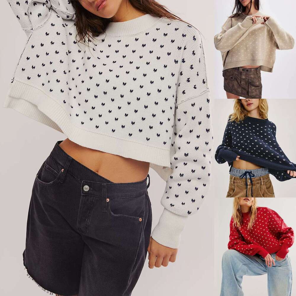 New Autumn Winter Round Neck Knitted Sweater Short Loose Butterfly Jacquard Pullover Women's Fashion B5
