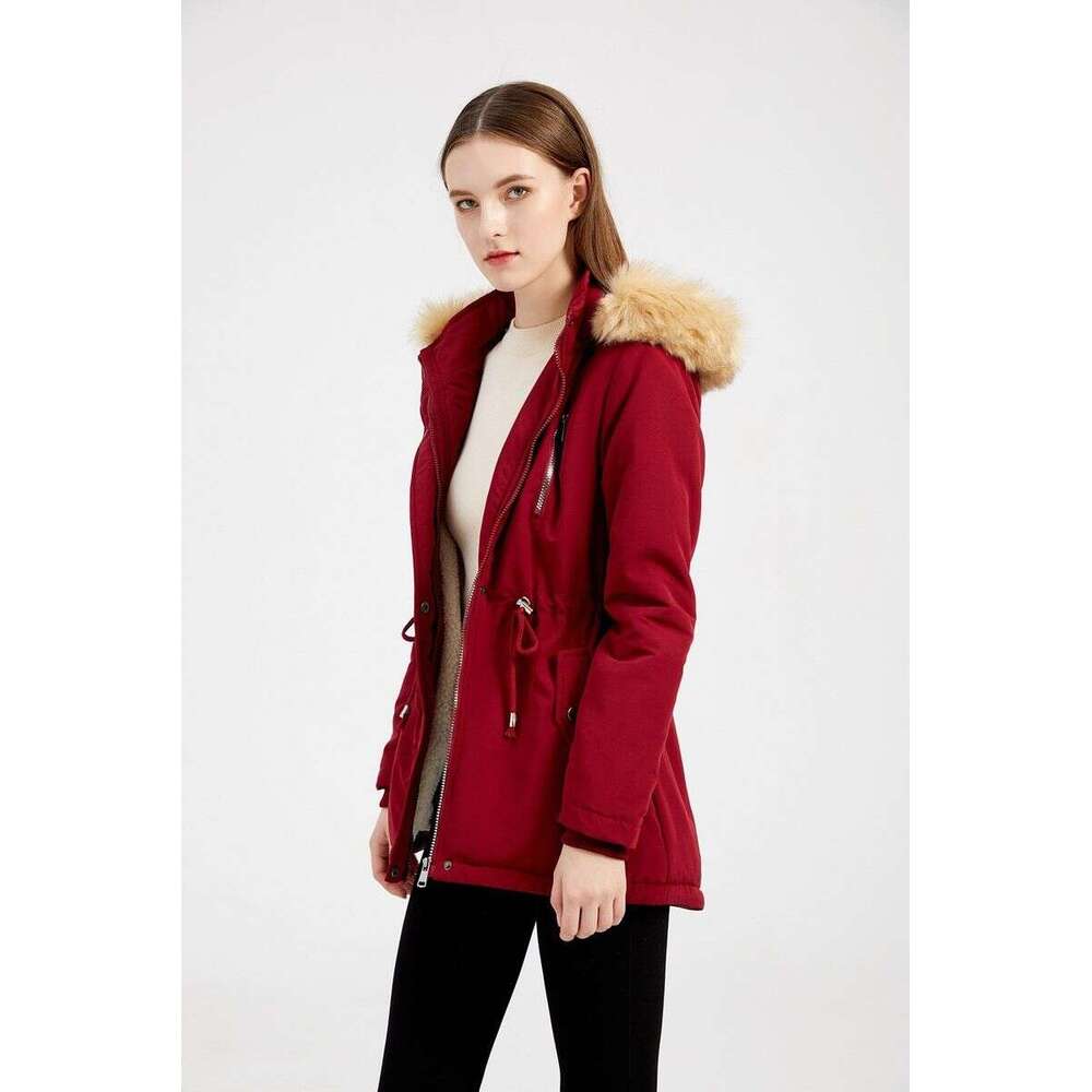 Women's lambswool cotton-padded jacket elastic waist detachable hood veet coat