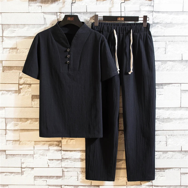 Shirt trousers 2025 summer men shirt Man Cotton and linen shirts Short sleeve mens casual shirts men A set of clothes M-5XL 250819