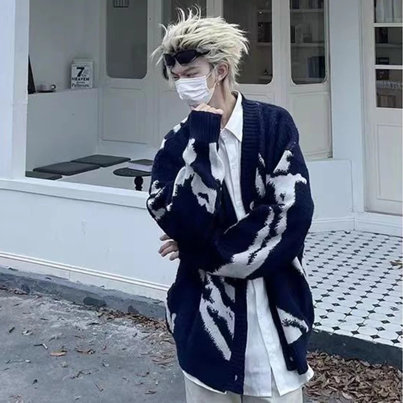 American Oversized Sweater Vintage Flocking Cardigan Knit Mens Clothing Loose Winter Cardigans Y2k HipHop Streetwear 250819