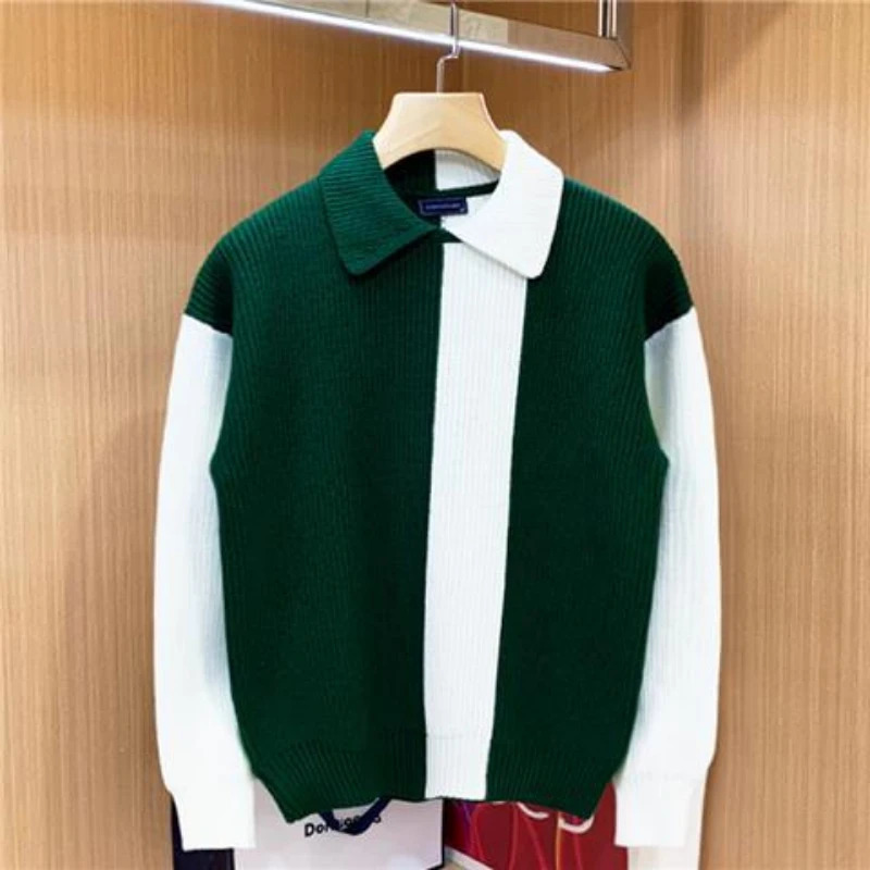 European American Trendy n Colorblocked Lapel Pullover for Men Casual Personalized Thickened Round Neck Sweaters 250819