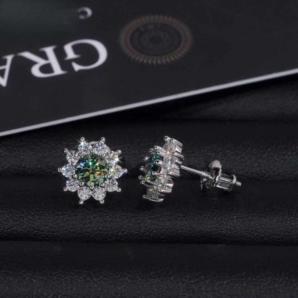 Fine Jewelry Sterling Sier Screw Back Blue Green Moissanite Dia Suower Hip Hop Stud Earrings