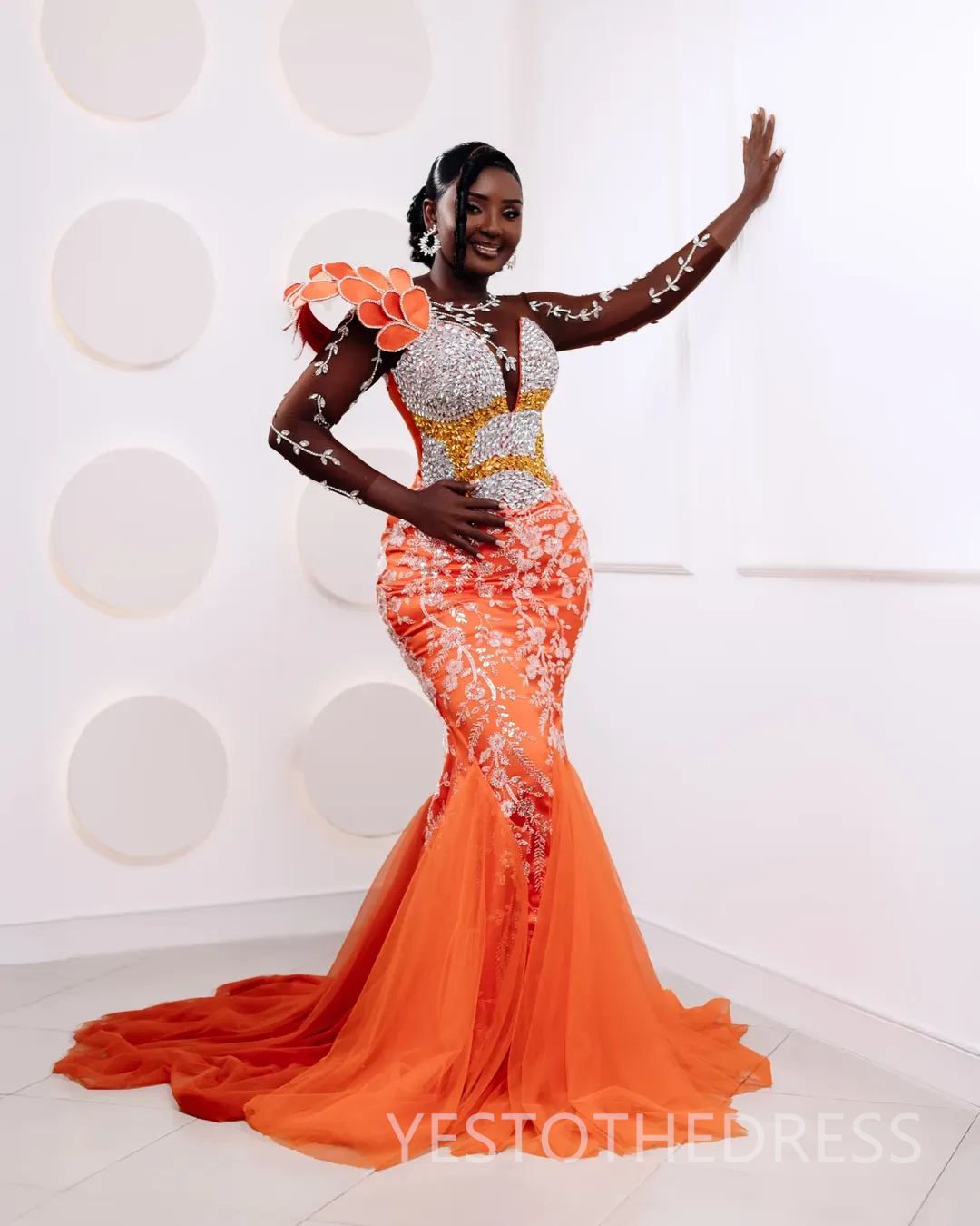 Orange Mermaid Prom Dress 2025 Evening Dresses Robe De Sorrie Sheer Neck Long Sleeves Beaded Lace Crystals Rhinestones Birthday Dress Second Reception