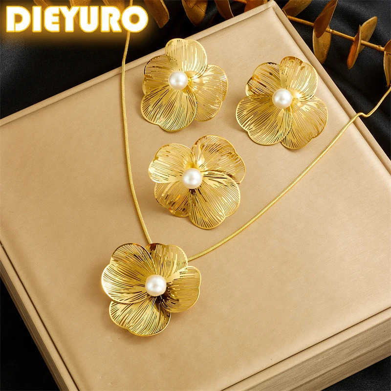 DIEYURO 316L Stainless Golde 3D hollow camellia Pearl Necklace Bracelet Ring Suit Women Girl Trend Non-fading jewelry Set 250818