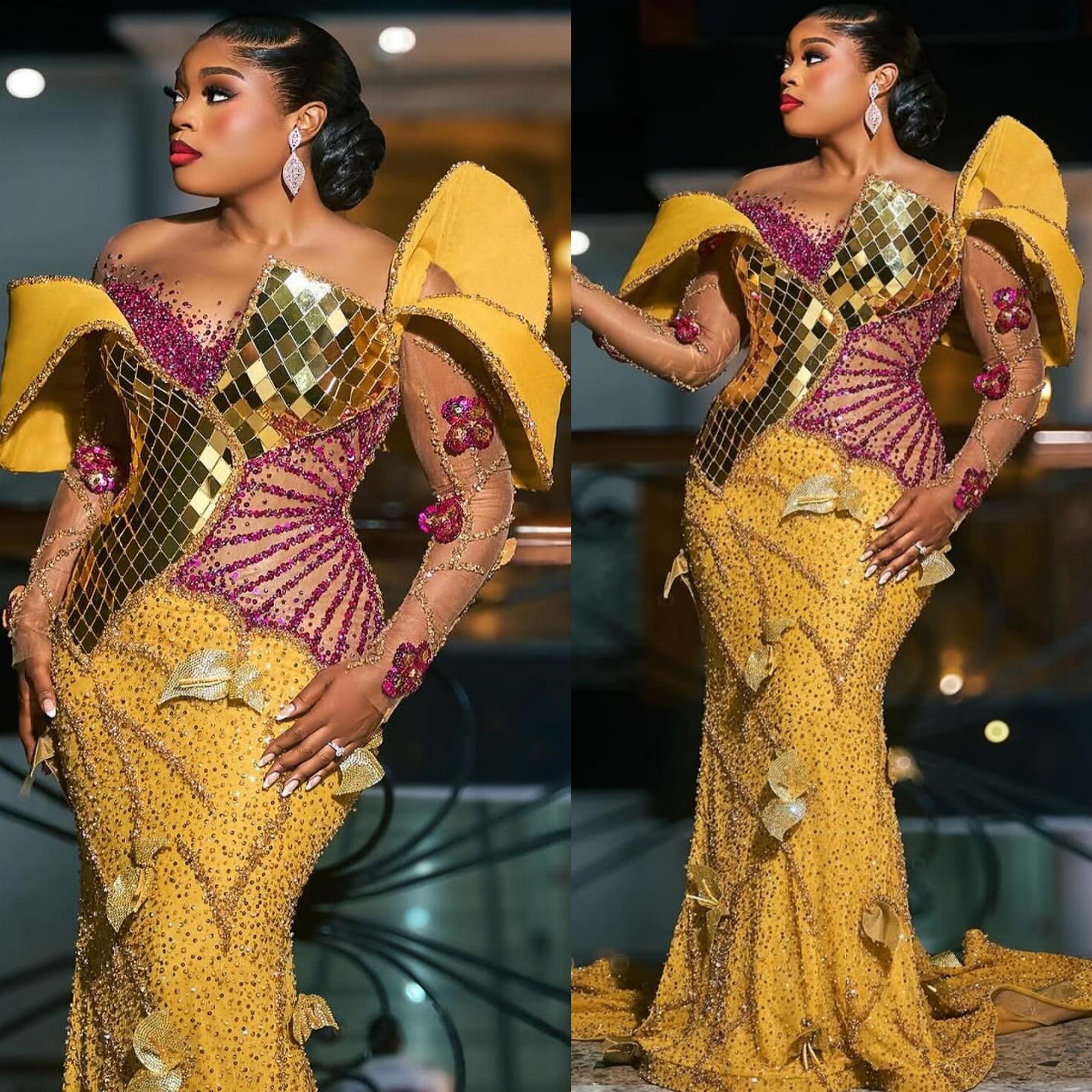 Yellow Mermaid Prom Dresses 2025 Crystals Florals Flowers Sequined Evening Formal Party Second Birthday Engagement Gowns Plus Size Dress For Special O