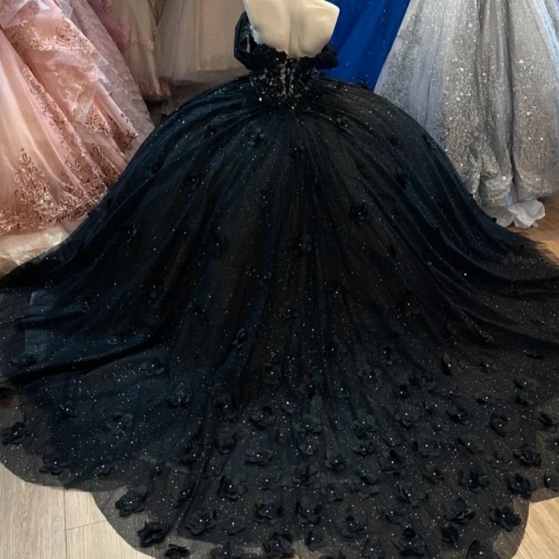 Black Shiny Quinceanera Dresses Off The Shoulder Ball Gown Sweet 16 Dress Applique Flowers Beads Tull Party Birthday Vestidos 15 Anos