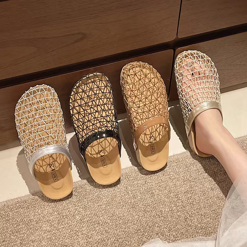 New French hollowed out half flip flops with toe caps, fashionable and casual for outerwear. One foot mesh flat sandals