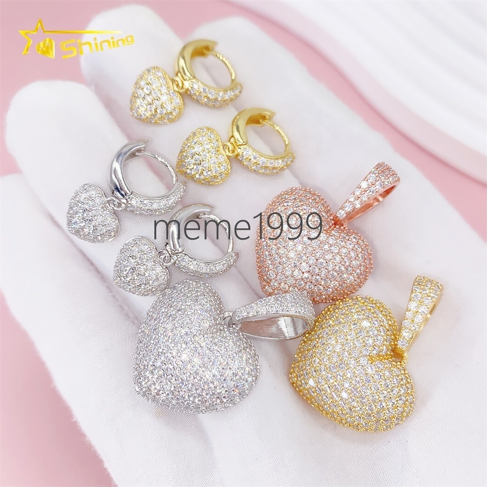 Cheap Price 925 Sterling Silver Fashion Jewelry Men Fully Iced Out VVS Diamond Moissanite Heart Pendant With Earrings