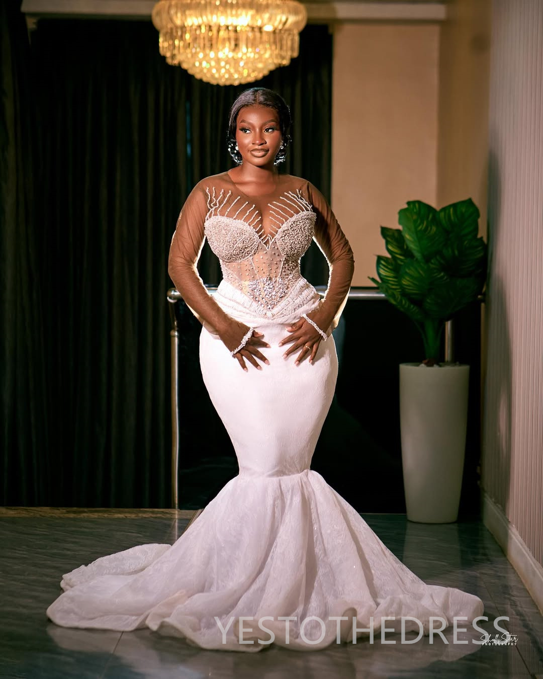 Plus Size Aso Ebi African Wedding Dress Bridal Gown For Bride Mermaid Wedding Gowns Sheer Neck Long Sleeves Beaded Lace 280Rhinestones Bridal Dress D6