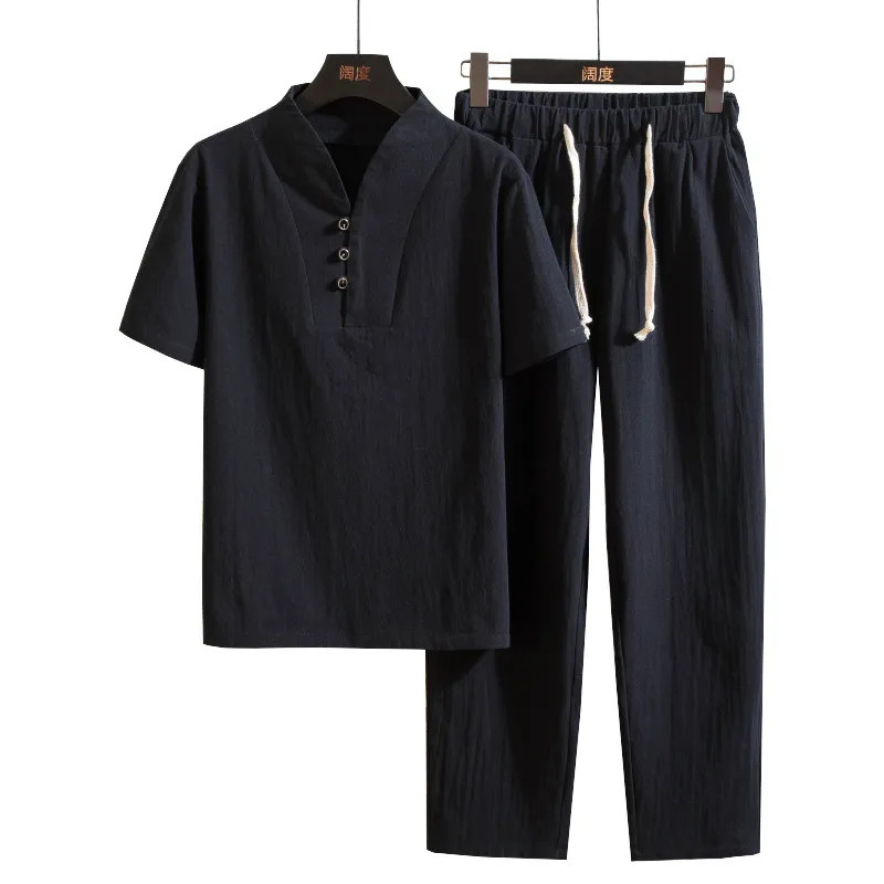 Shirt trousers 2025 summer men shirt Man Cotton and linen shirts Short sleeve mens casual shirts men A set of clothes M-5XL 250819