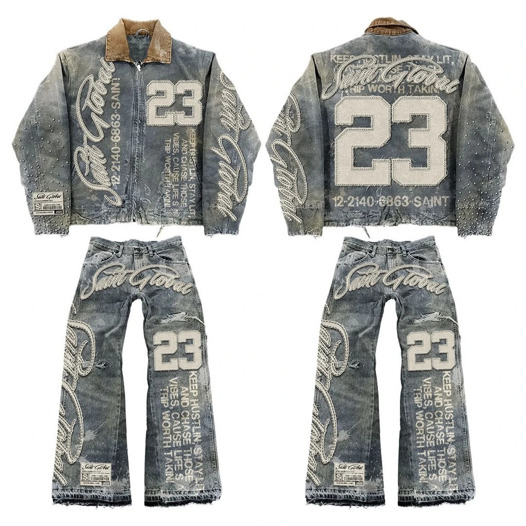 Streetwear Vintage Leather Jacket Jeans Two Piece Y2K Suit Hip Hop Letter Patchwork Embroidery Washed Blue Oversized Zipper Coat 250818