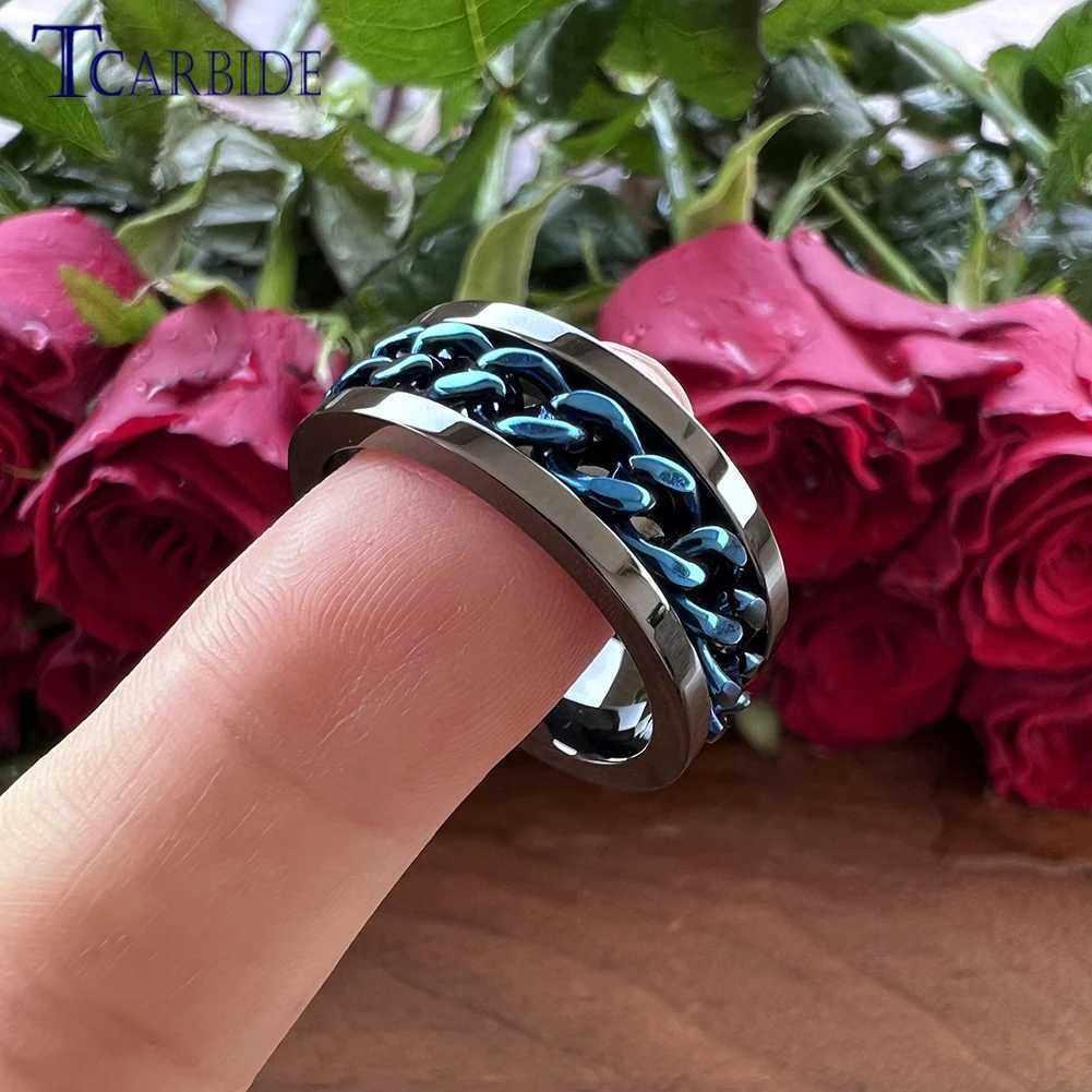 8mm Black Blue Rotating Ring for Men and Women Fashion Stainless Steel Jewelry with Chain Inlay In Stock W250819