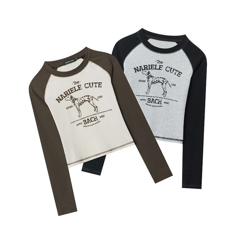 Letter Print Ins Niche Color Block Long Sleeve T-Shirt Round Neck Slimming Age-Reducing Versatile Top For Women B3