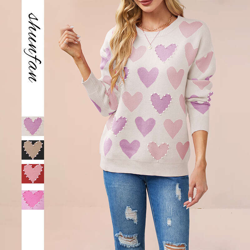 Autumn Winter New Tiktok Valentine's Day Round Neck Beaded Heart Peach Pullover Knitted Sweater For Women B5