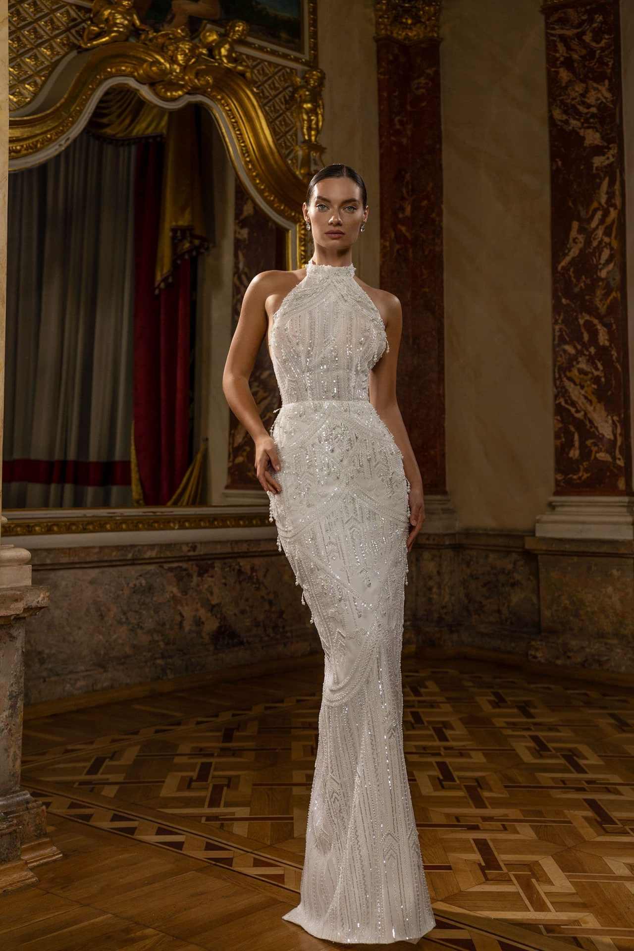 Sexy Halter Pearls Wedding Dress Women Sleeveless Sequined Lace Mermaid Bride Dresses Customized Floor Length Bridal Gown