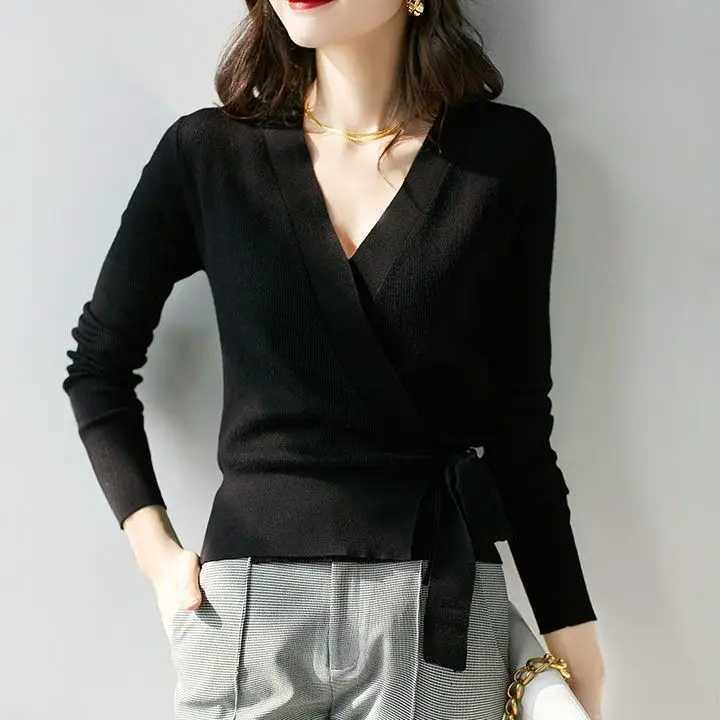Long Sve V Neck Wrap Sweaters Women Fashion Bow Tie Waist Short Sweaters Lady V Neck Wrap Knitted Tops Sweaters XJ250819