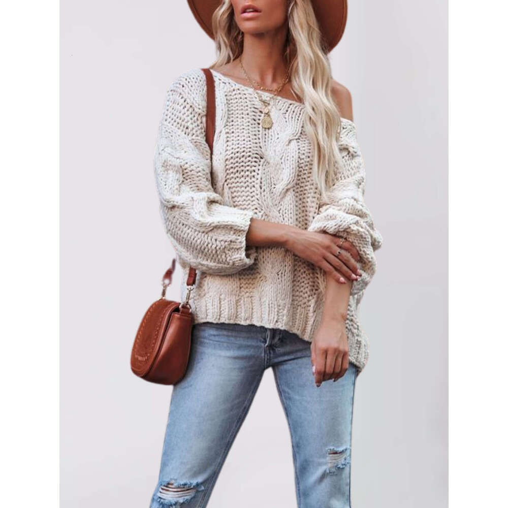 Autumn And Winter New Women's Street Style Off-Shoulder Cable Knit Pullover Loose Knitted Sweater B5