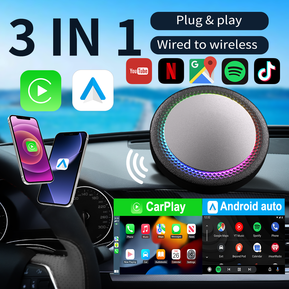 Kowankit Wireless Carplay Android Auto AI Box, Plug & Play Fits Cars, QCM6115,3in1 4+64GB Android 13 Car Play Adapter, USB-Powered, Battery-Free, No D