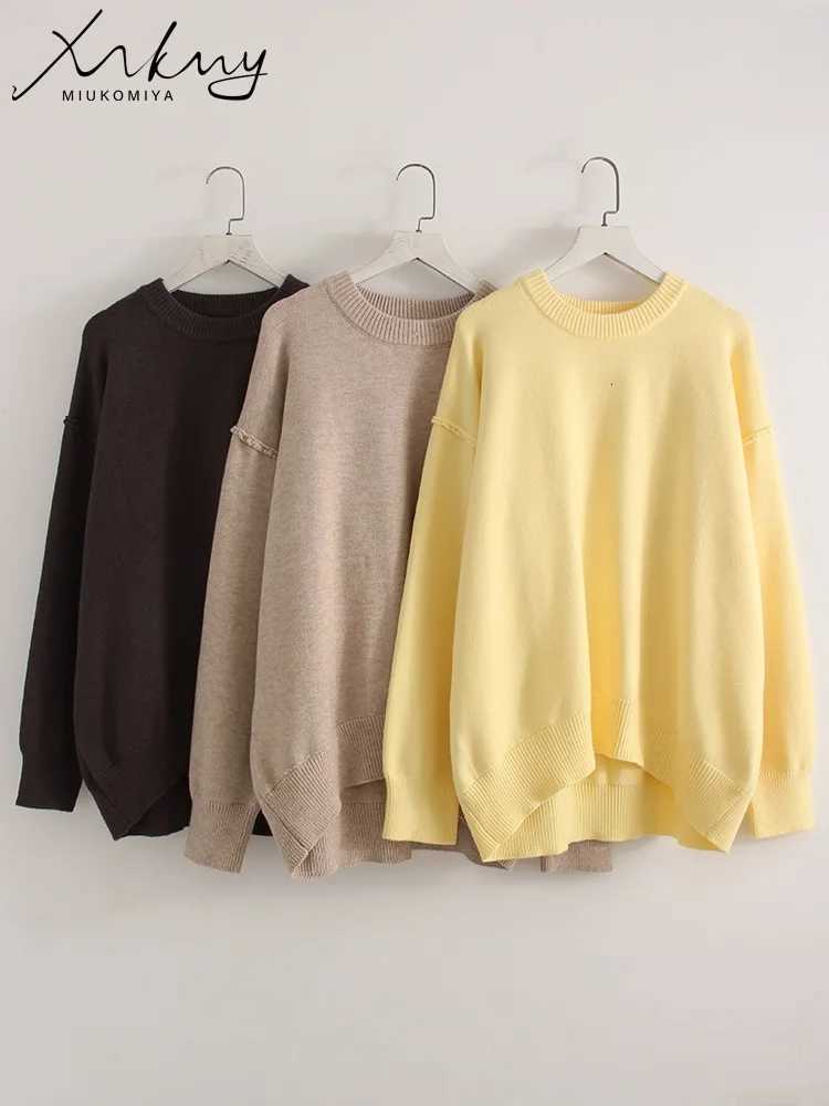 2025 Oversized Fall Yellow Sweaters for Women Brown Crewneck Sweater Top Ladies Office Warm Knitted Women Pullovers Winter Gray XJ250819