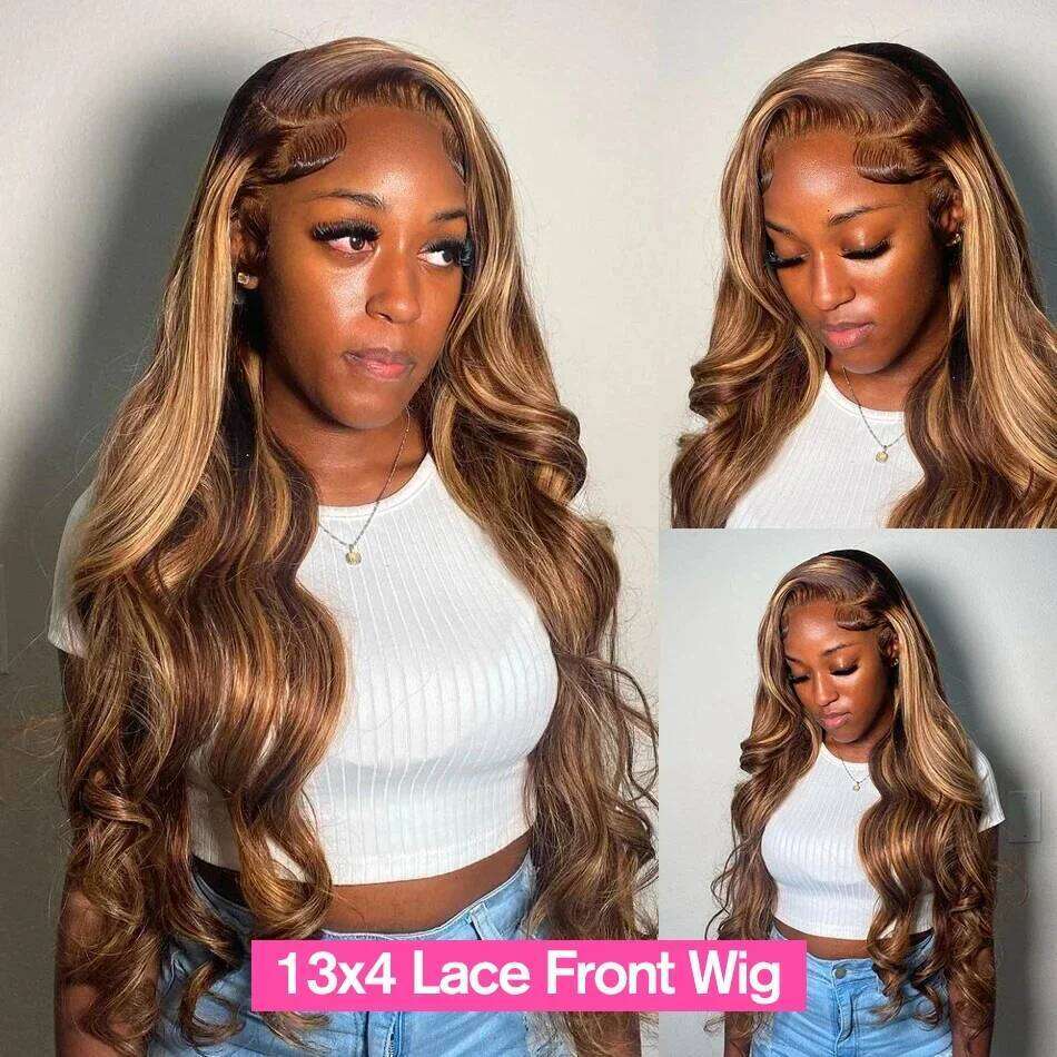 Glueless Highlight Body Wave Front Human Hair Wigs Colored Honey Brown 13X6 Frontal 7X5 HD Lace Closure Wig