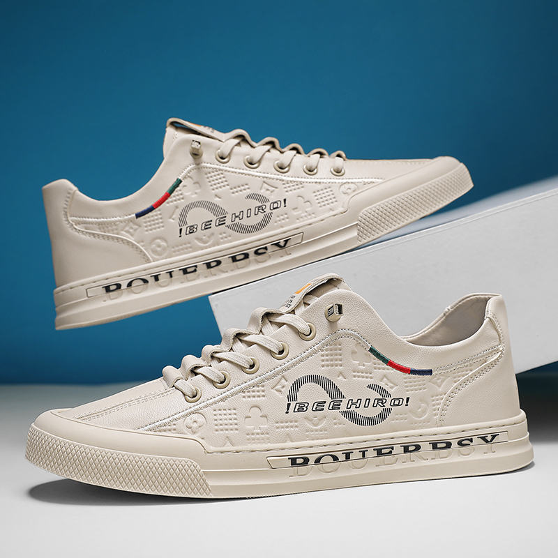 Men's shoes spring and summer new genuine leather breathable high-end sense of printed shoes leisure sports white shoes