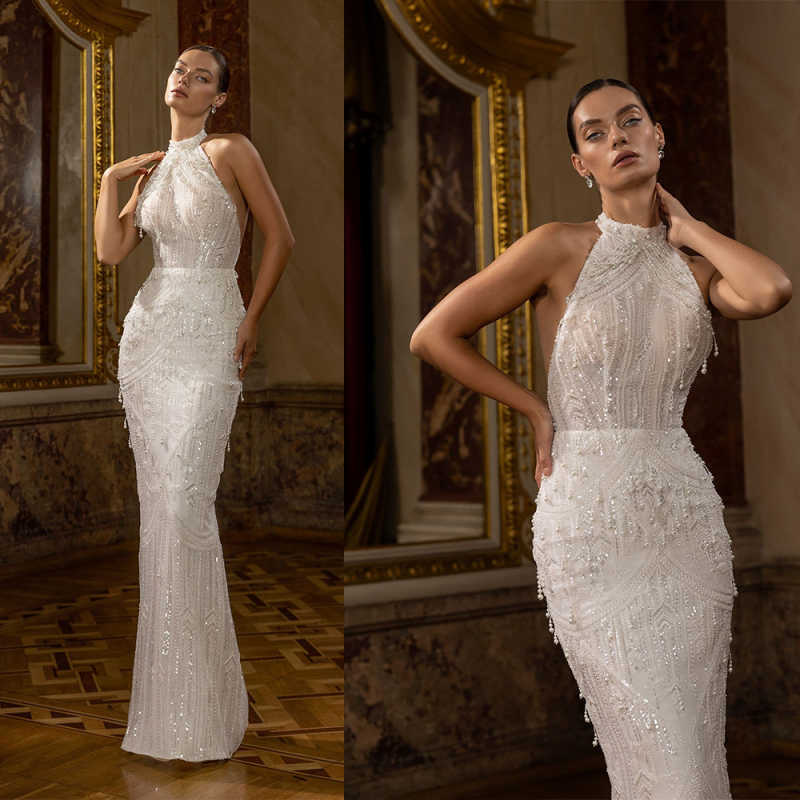 Sexy Halter Pearls Wedding Dress Women Sleeveless Sequined Lace Mermaid Bride Dresses Customized Floor Length Bridal Gown