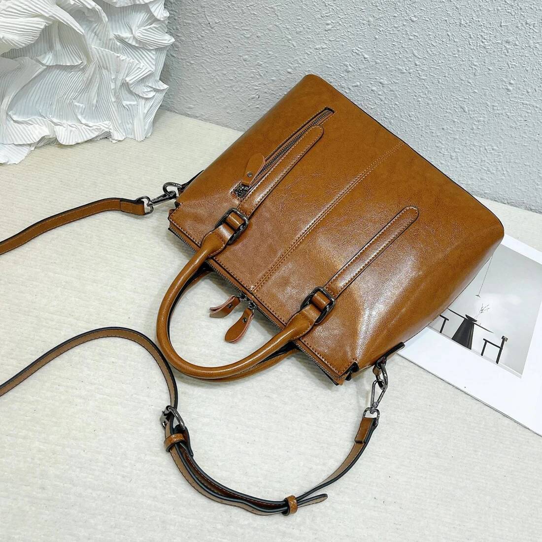 Women Shoulder Cross Body Handbag Top Handle Genuine Leather Casual Designer Lady Female Oil Wax Cowhide Messenger Tote Bag