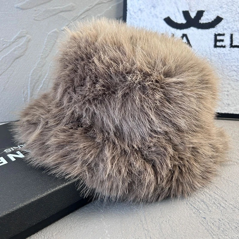 Fluffy Faux Fur Bucket Hat Rabbit Fur Warm Thick Plush Winter Hat Lady Fashion Panama Furry Fisherman Caps 250819