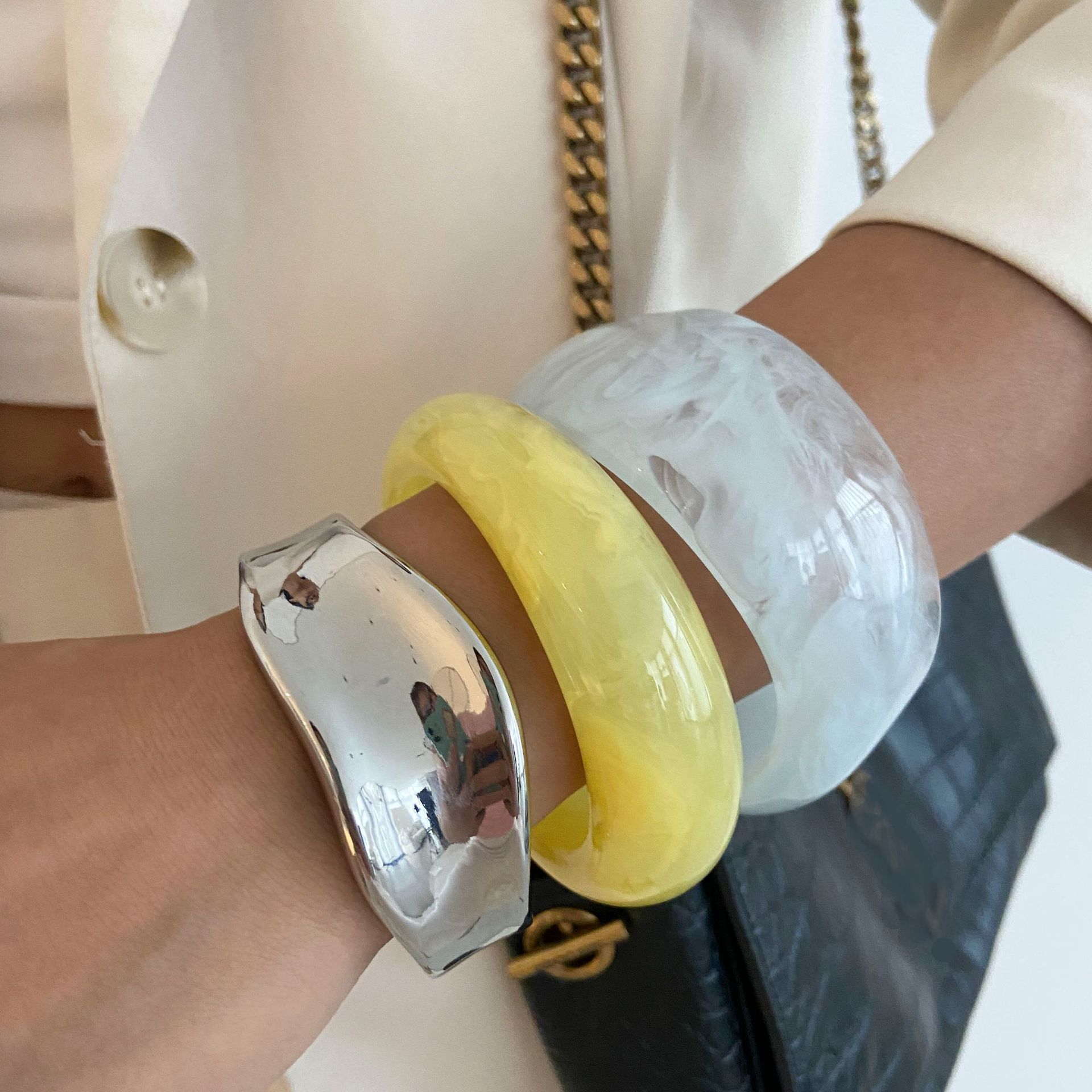 Contemporary Resin Cuff Bracelet Asymmetrical Ombre Blue Wide Bangle with Dual Coil Mechanism