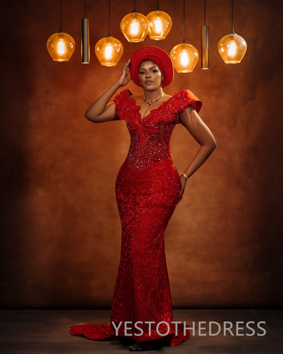 Classic Plus Size Aso Ebi Red Mermaid Prom Dress 2025 Evening Dresses Robe De Sorrie V Neck Beaded Sequined Lace Flora Birthday Dress Second Reception