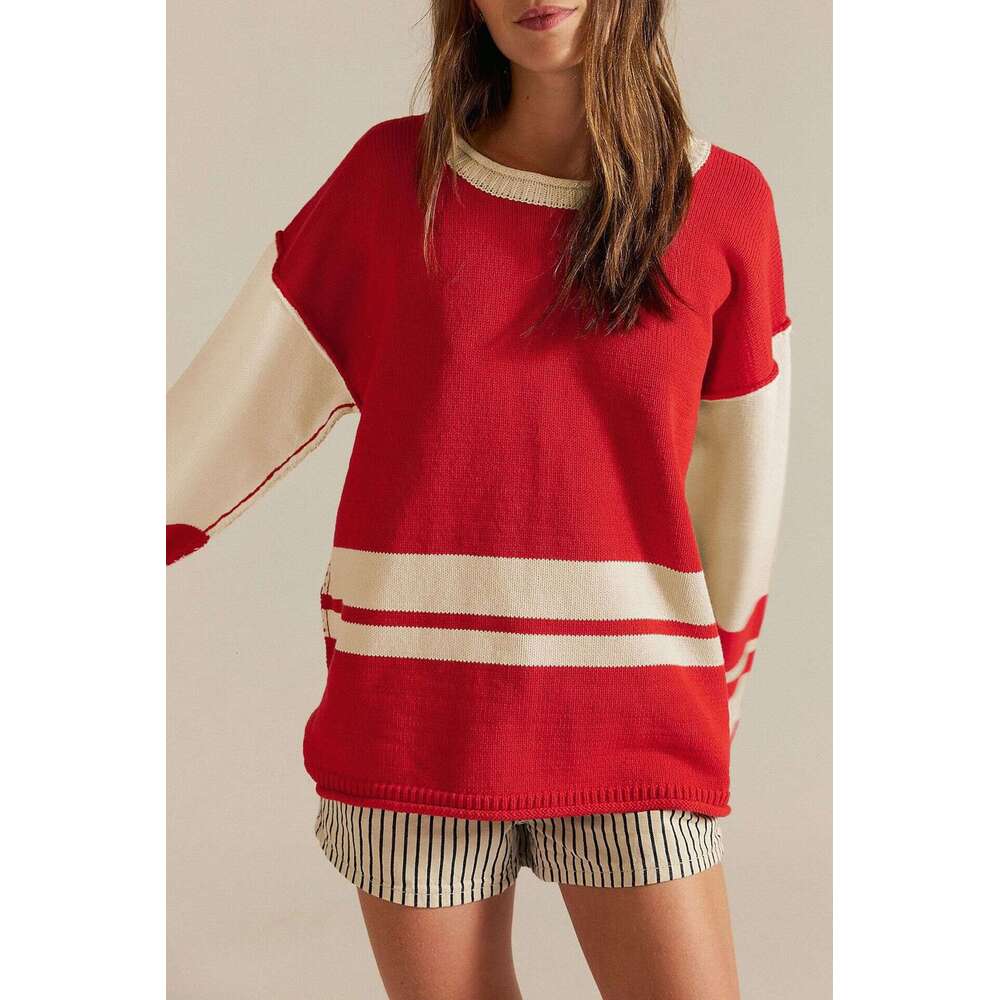 New Autumn Winter Pullover Women's Color Block Round Neck Loose Versatile Knitted Sweater B3